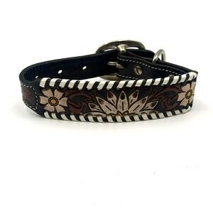 Myra Bag Oxy Daisy Hand Tooled Leather Dog Collar Floral Whipstitch Brown Large